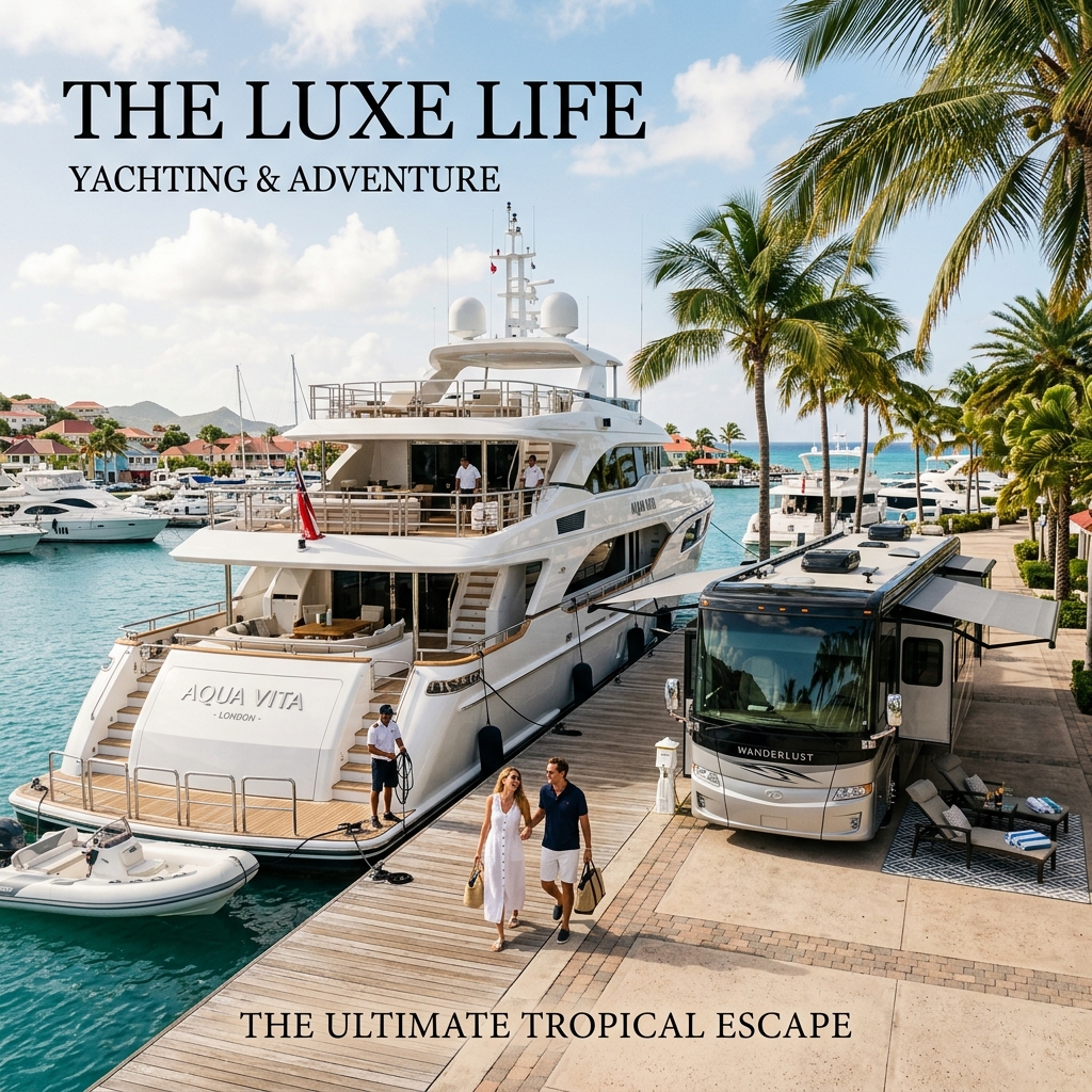 Luxury yacht and motorhome docked in Miami